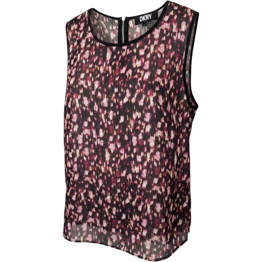 DKNY Sleeveless Blouse Abstract Print Lightweight Top Black Trim Size L